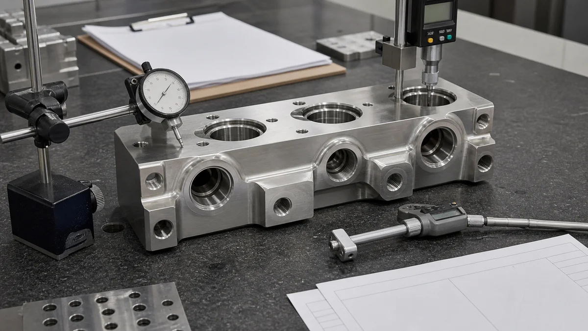 Stainless Manifold Verification Machined stainless manifold being checked at its sealing faces and bores on an inspection table.