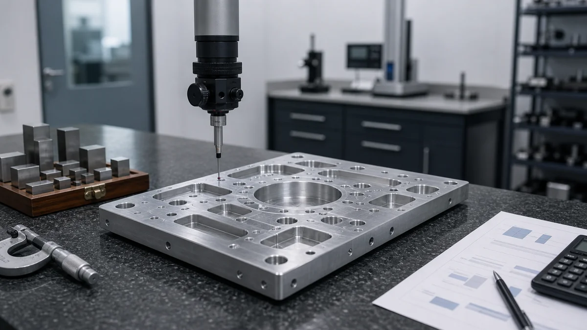 Machined aluminum plate with measuring probe, gauge blocks, and micrometer on a granite inspection surface.