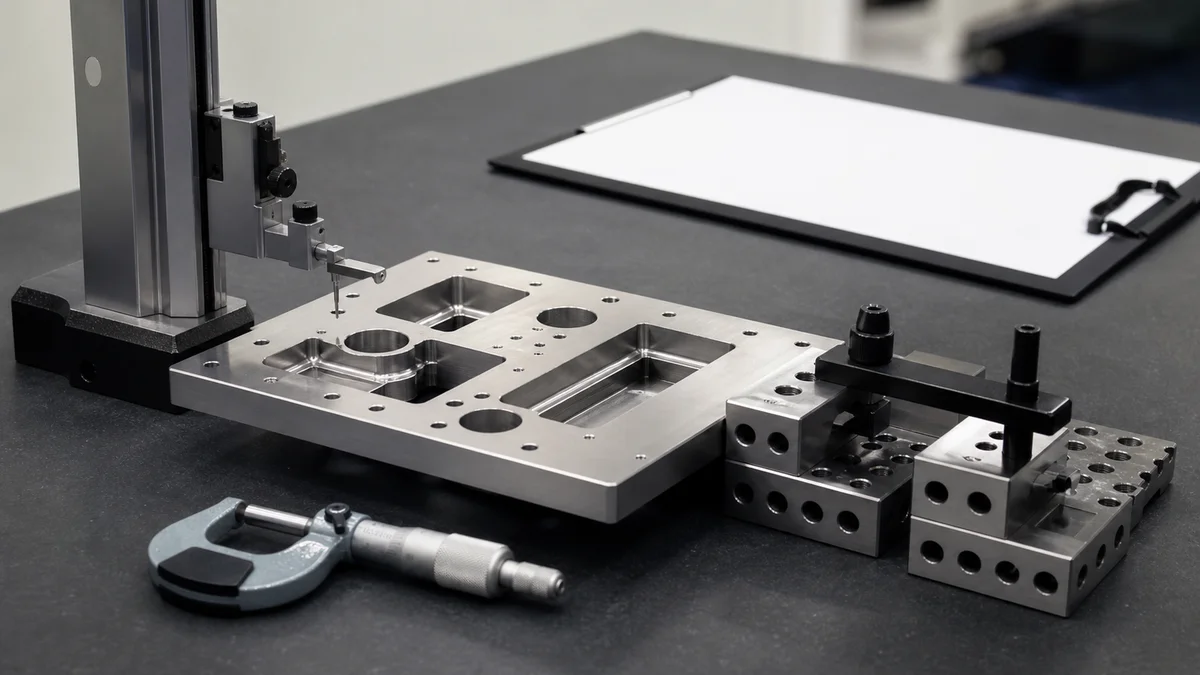 Machined plate undergoing selected dimensional checks with precision inspection tools.