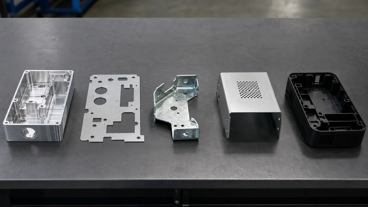 Machined housing, punched sheet blank, stamped bracket, fabricated enclosure, and molded plastic housing displayed separately.