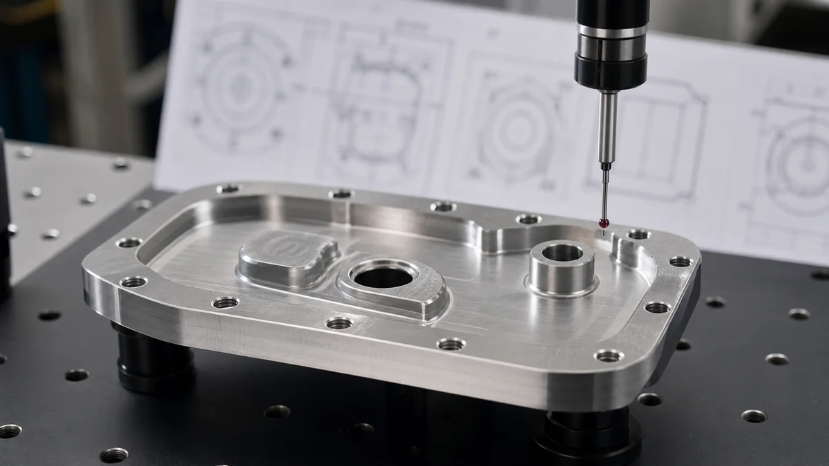 Precision machined cover with locating holes and a fastener pattern prepared for positional inspection.