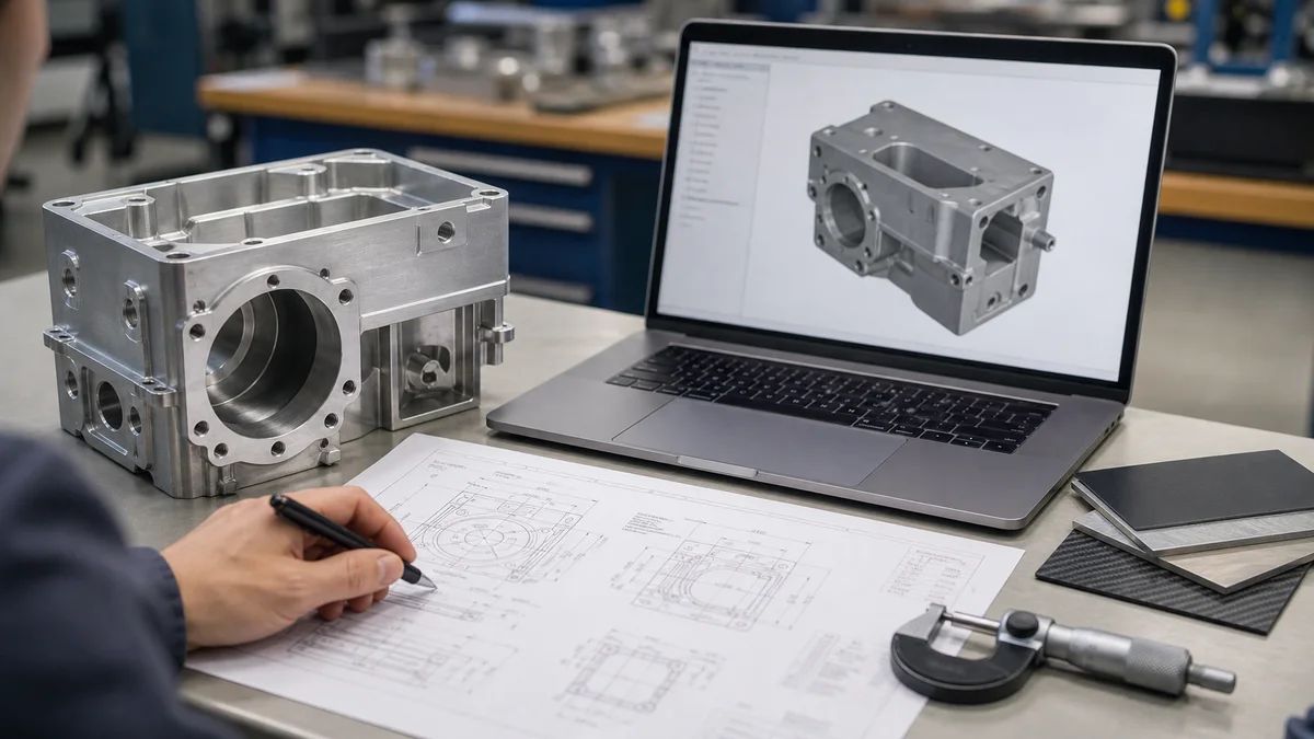 Manufacturing RFQ Package Machined part, material sample, drawing sheets, and inspection tools arranged for an RFQ review.