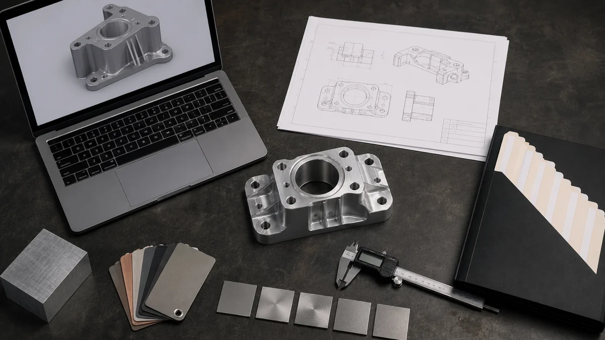 Machined part, 3D model, technical drawing, material sample, and measuring tools arranged as an RFQ package.