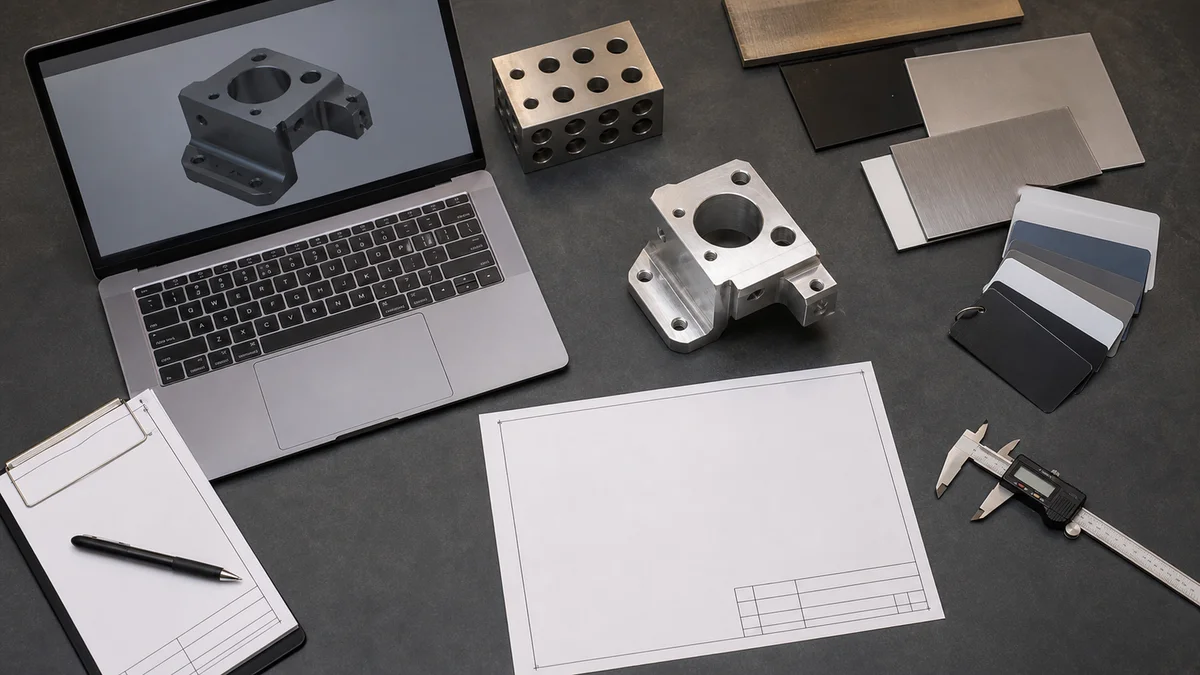 Machined component with drawing, model, material sample, finish samples, and inspection tools prepared for RFQ review.