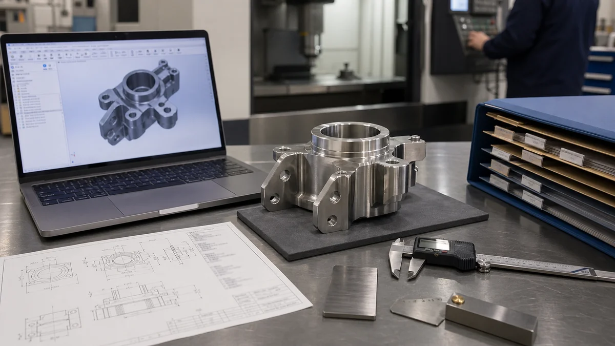 CNC RFQ Preparation Machined stainless part beside an unreadable 3D model, technical drawing, caliper, finish sample, and revision folder.