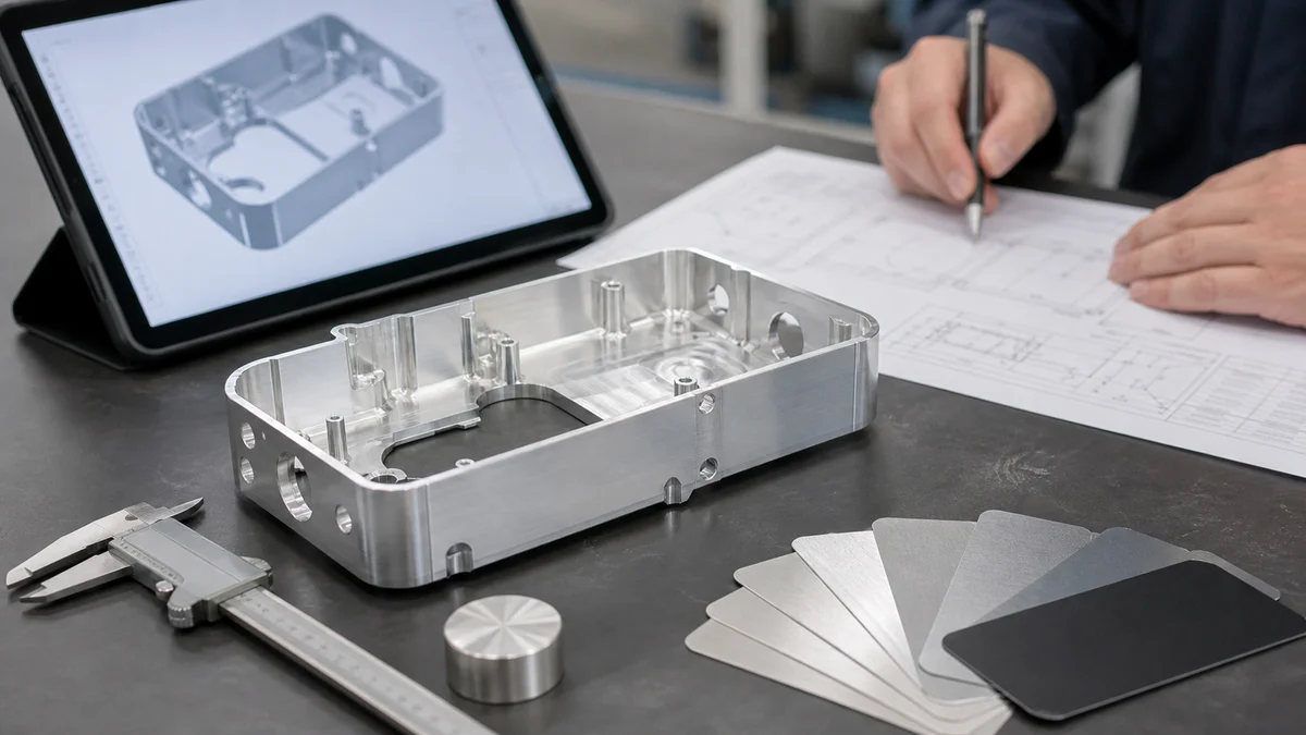 Thin-walled machined part reviewed beside a CAD display, drawing, material sample, and inspection tools.