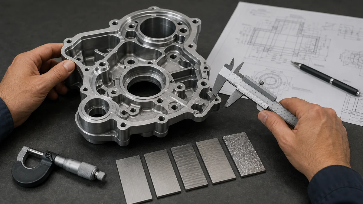 Drawing and Part Review Machined metal component beside a technical drawing and inspection tools during specification review.