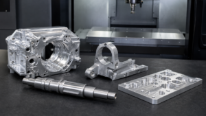 Assorted aluminum CNC machined housings, brackets, shafts, and fixtures arranged on an inspection table.