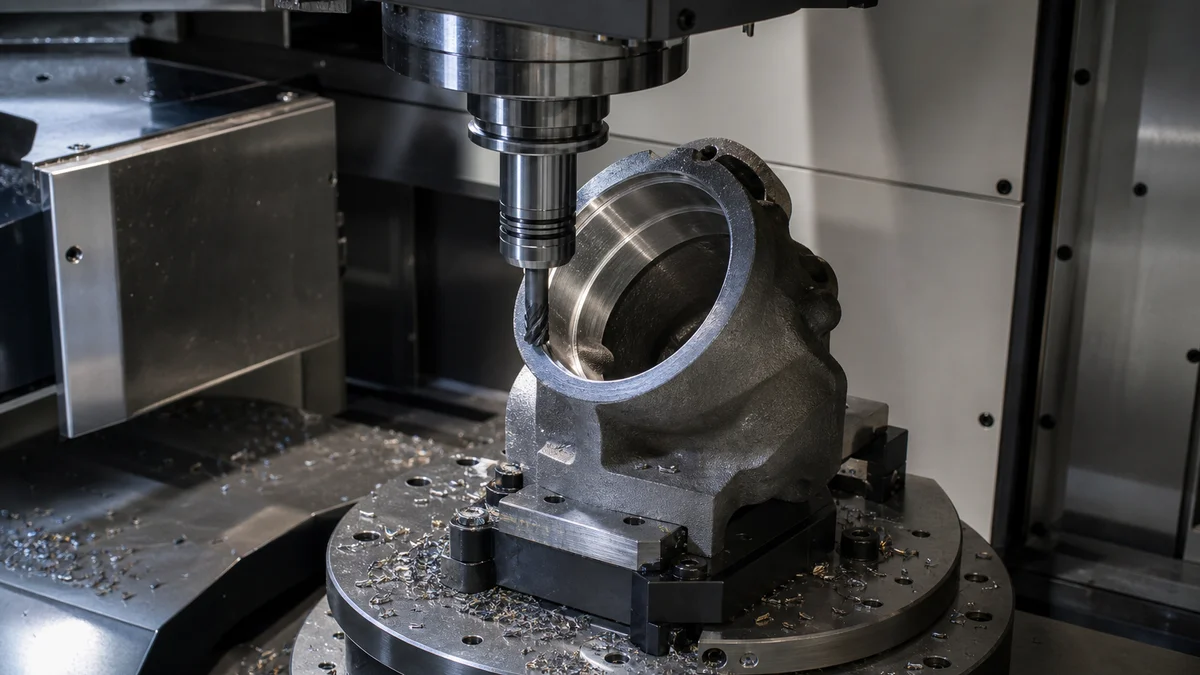 Multi-Face Precision Features Machined housing with precision bores and mating faces on several sides beside inspection tools.