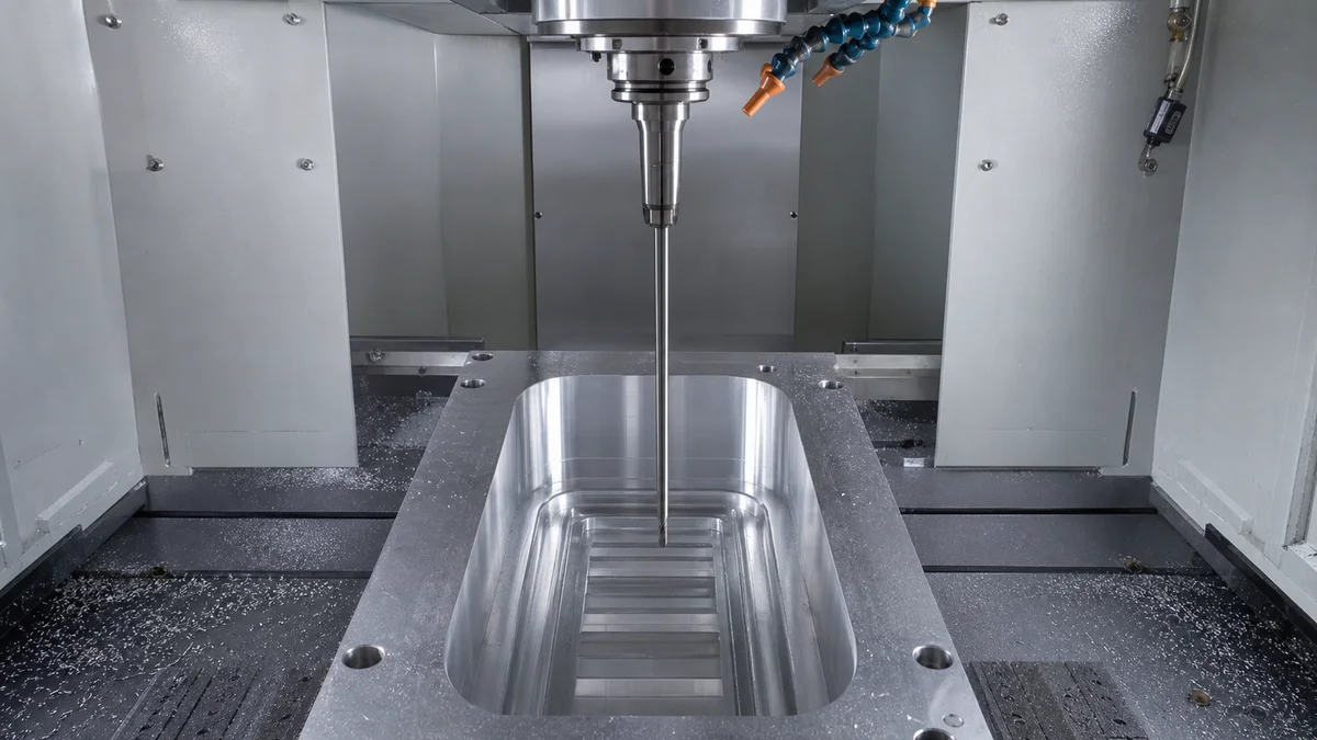 Long-reach cutter positioned above a deep pocket inside an enclosed CNC machine.
