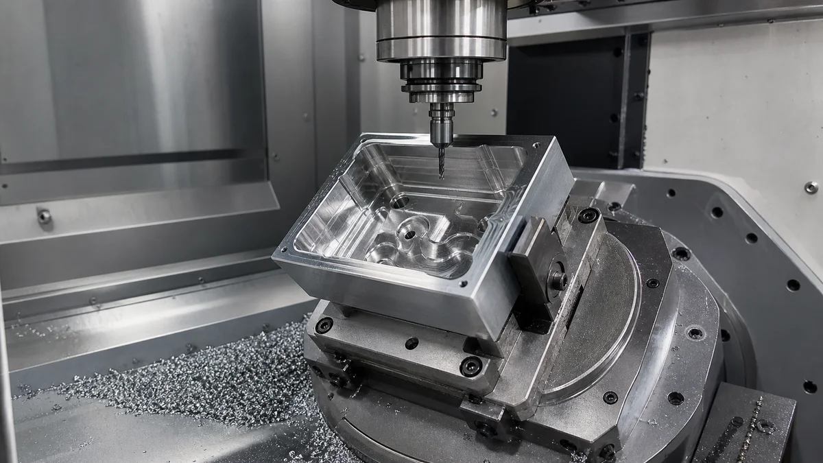 Thin-Wall Machined Component Thin-wall ribbed metal component supported in a CNC fixture during angled machining.
