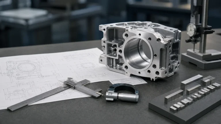 Machined metal housing with calipers, micrometer, gauge blocks, and a technical drawing on an inspection table.