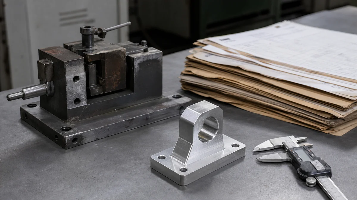 Newly produced spare part beside an older fixture, calipers, and archived inspection sheets.