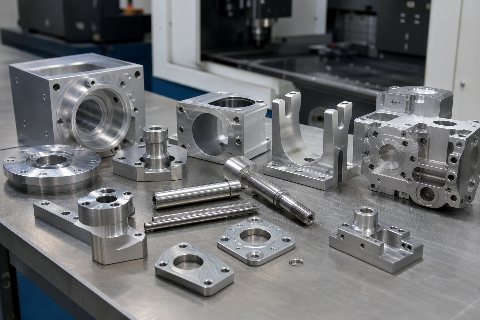 Assorted 6061 Components Different aluminum machined brackets, housings, and fixtures displayed on a steel workbench.