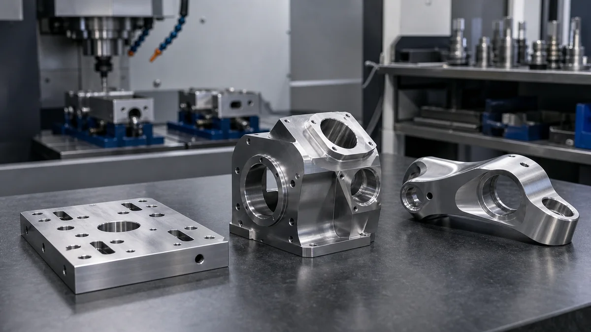 Angled Cutter Access CNC cutter approaching an angled bore on a multi-sided metal part with fixture clearance visible.