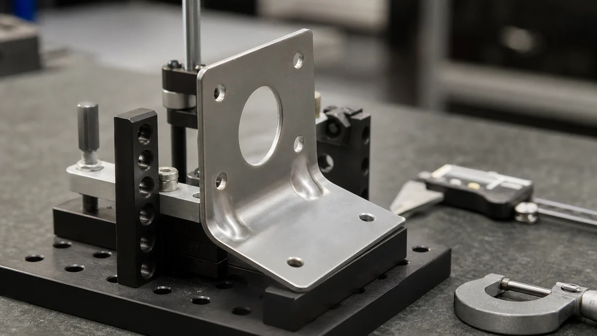 Formed sheet metal bracket on an angle fixture with its flange and hole pattern visible.