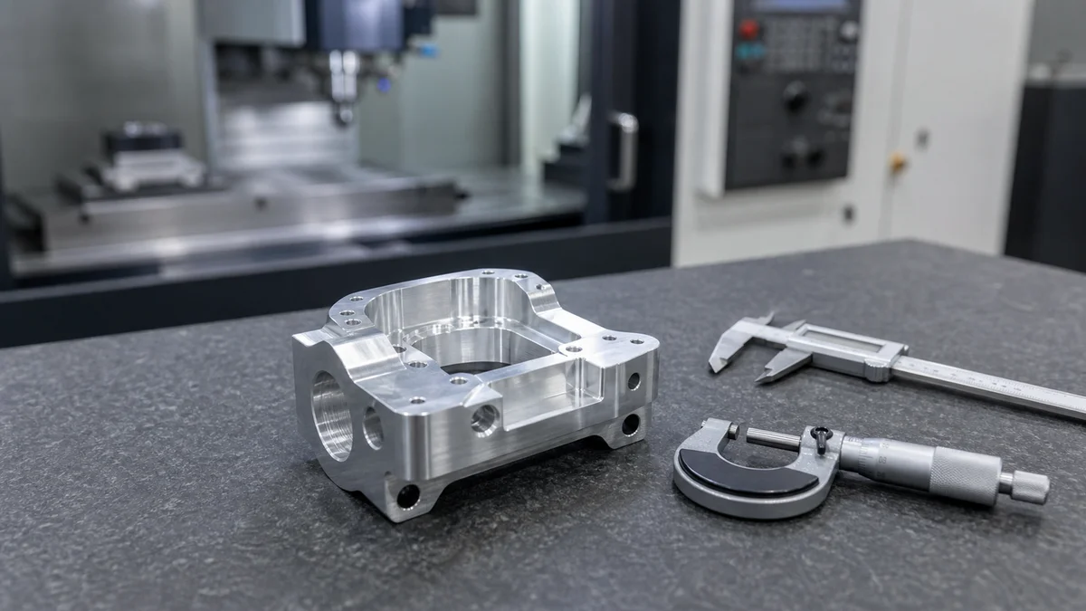 Newly machined aluminum part beside calipers and a micrometer with a CNC machine in the background.