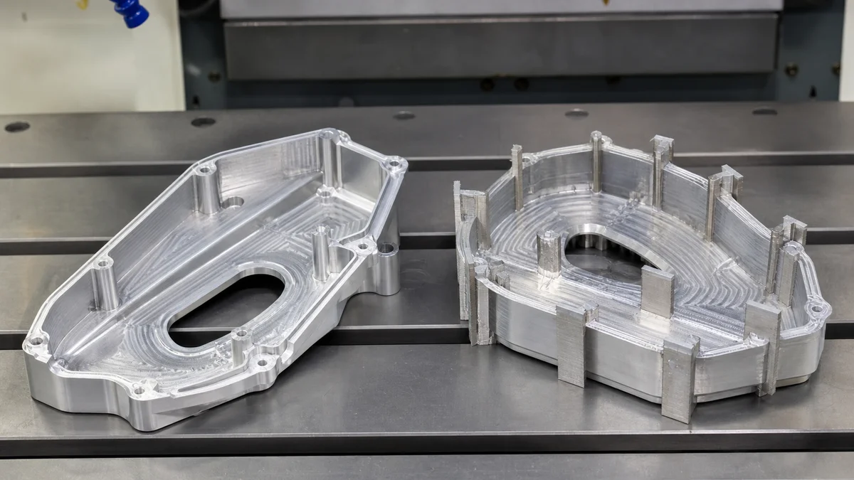 Thin-walled aluminum parts showing permanent ribs and temporary machining bridges.