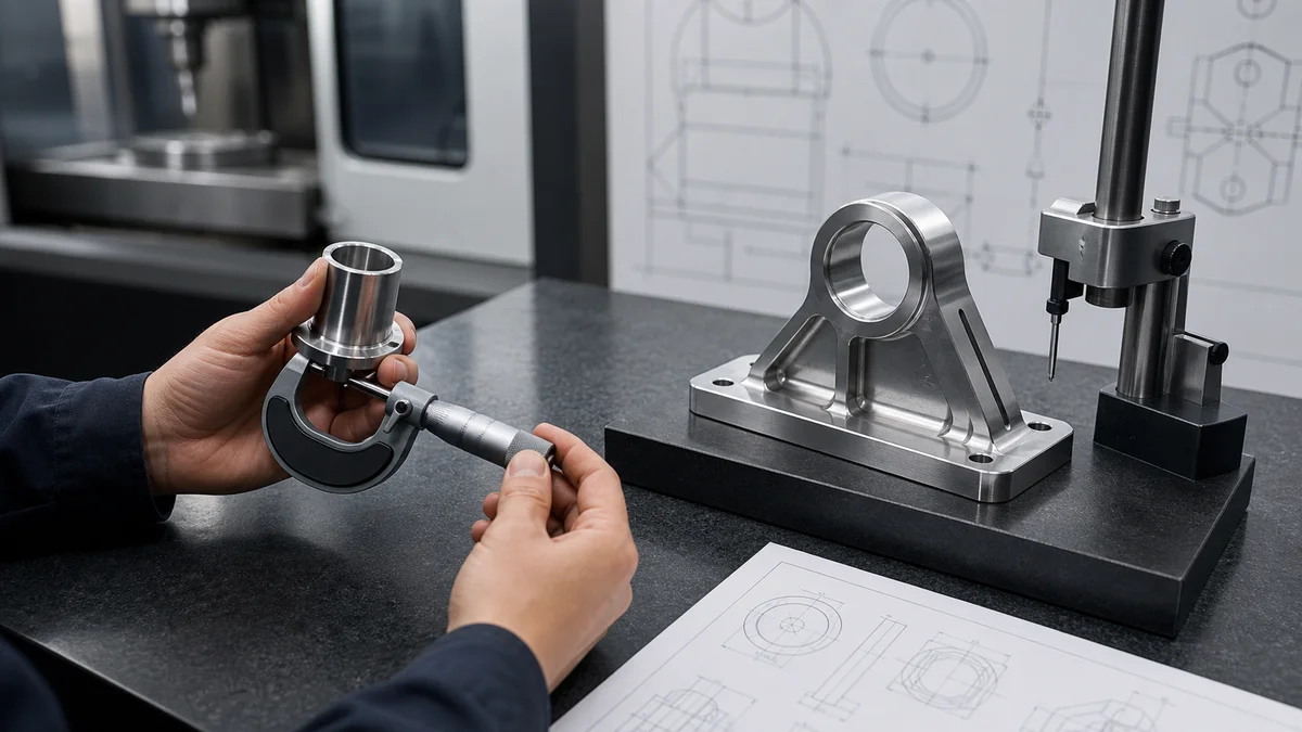 Two machined metal parts being evaluated for size and geometric relationships on an inspection bench.