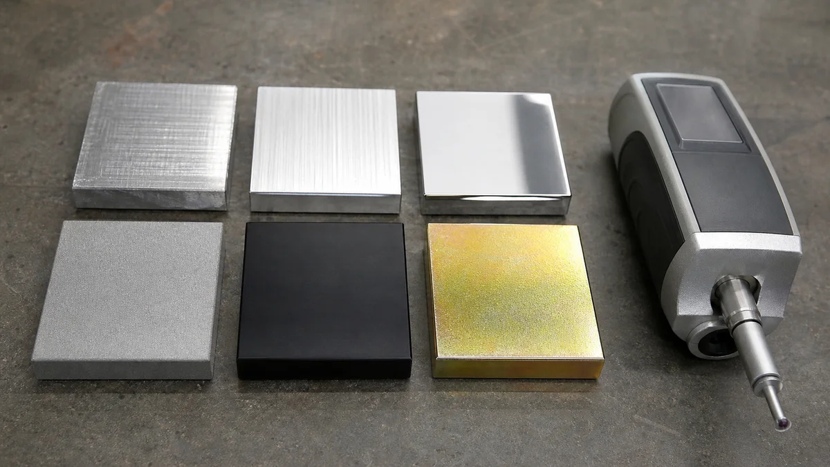 Metal samples displaying different machined and secondary-finished surface conditions.