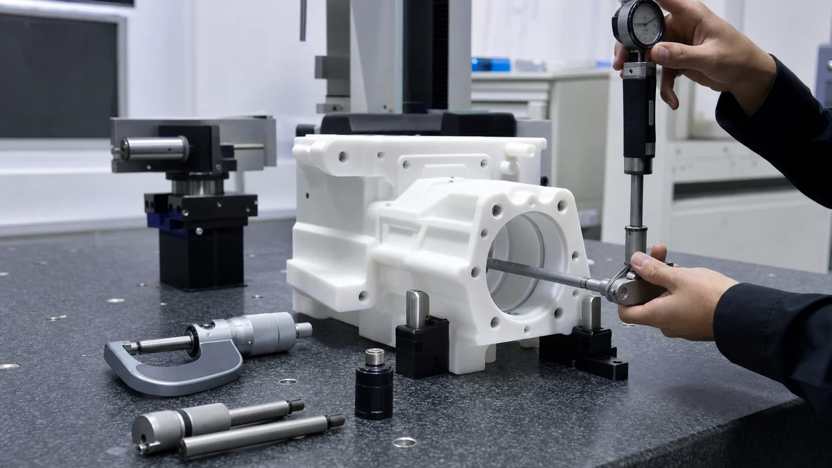 A machined plastic housing with critical bore and mating features arranged beside inspection tools.