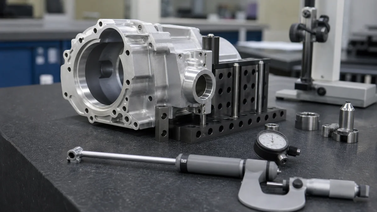 Machined aluminum housing with bore and dimensional inspection tools on a granite table.