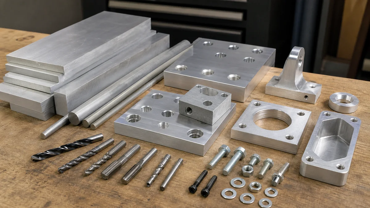 Aluminum stock, standard cutting tools, fasteners, and machined feature samples on a clean bench.