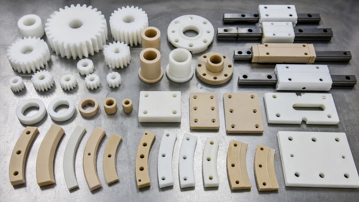 Machined plastic gears, bushings, wear pads, and guide blocks arranged on an inspection table.