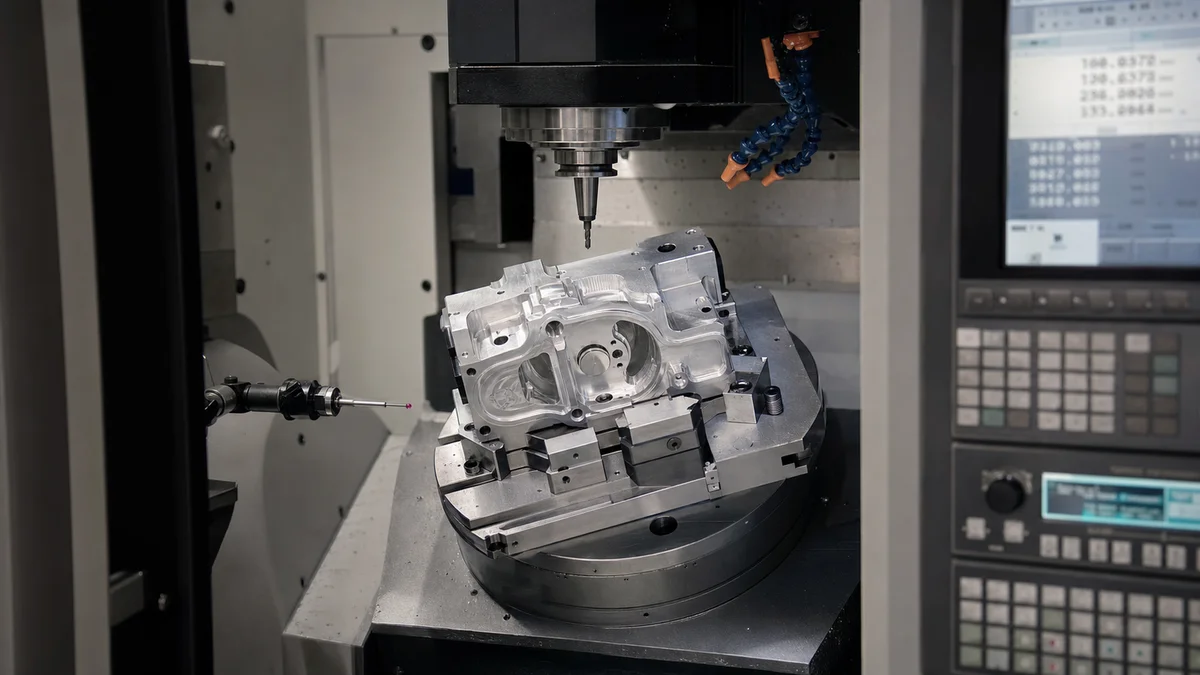 Machined workpiece secured in a CNC fixture with cutting tools and datum contact surfaces visible.