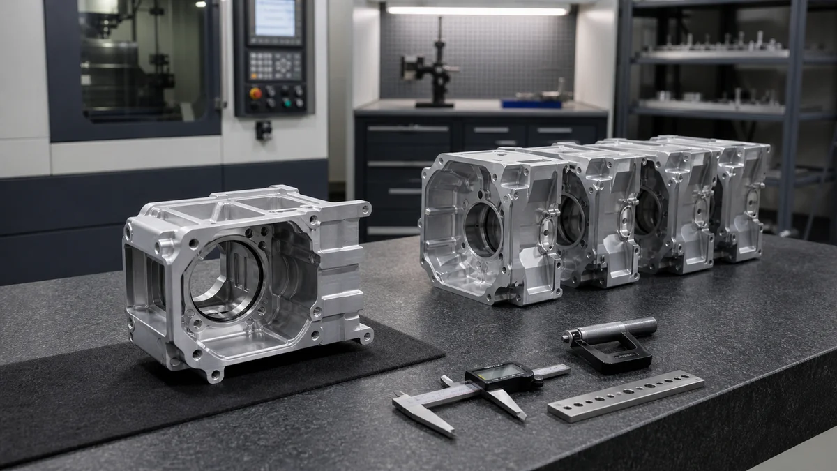 One inspected machined housing positioned in front of a row of production housings and measuring tools.
