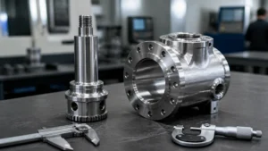 Two precision-machined stainless steel parts beside a caliper and micrometer on an inspection table.