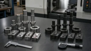 Two groups of CNC machined steel shafts and components arranged on an inspection table beside a caliper and micrometer.