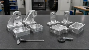 Two groups of CNC machined aluminum brackets and housings arranged beside inspection tools on a clean table.
