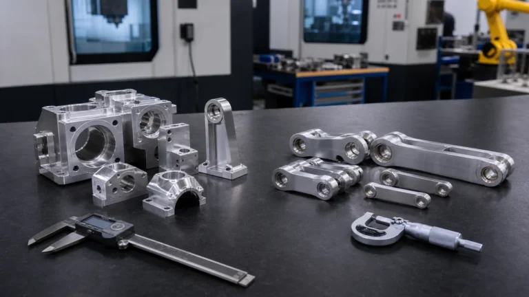 Two groups of precision-machined aluminum brackets, housings, and links arranged beside inspection tools on a workshop table.