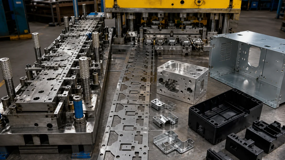Dedicated stamping tooling, punched sheet, machined metal, fabricated enclosure, and molded plastic part shown as distinct processes.