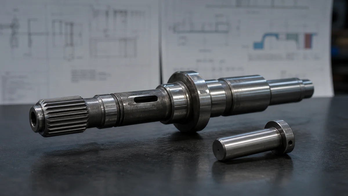 A drive shaft and a simpler fixture pin arranged for comparison on an engineering inspection table.