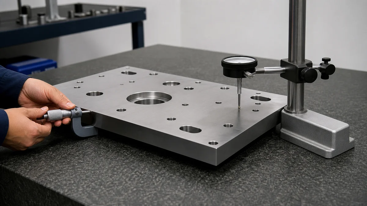 Micrometer and indicator checking thickness and surface form on a machined plate.