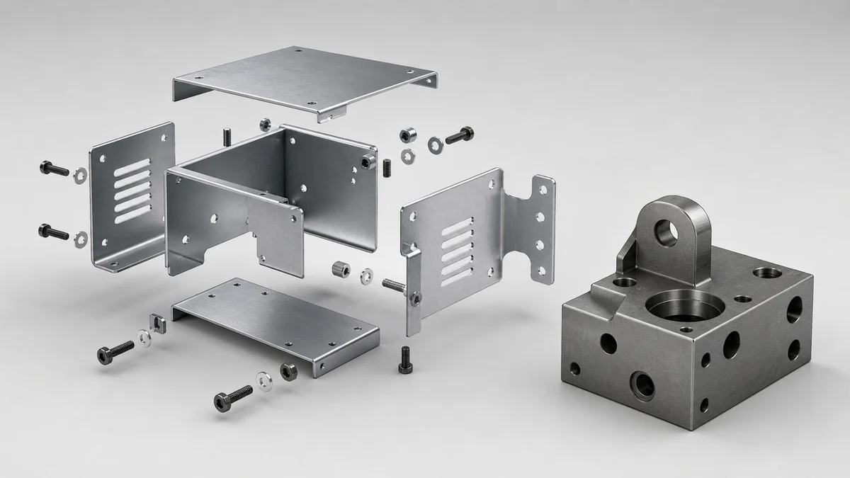 Uniform Gauge Sheet Assembly Uniform-thickness bent panels and hardware displayed beside a solid machined mounting block.