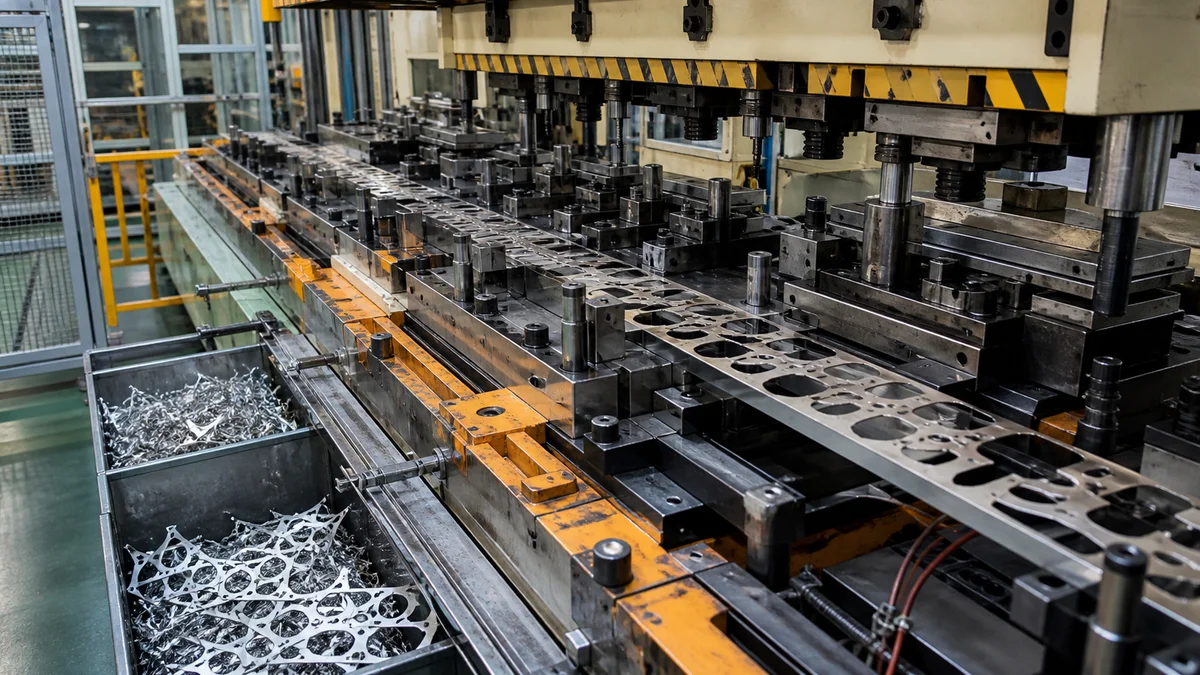 Coil-fed sheet advances through supported progressive stamping stages inside a guarded line.
