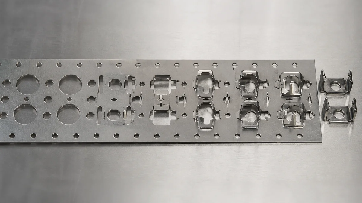 Progressive Carrier Strip Stages Carrier strip showing sequential punched, embossed, bent, and separated part stages.