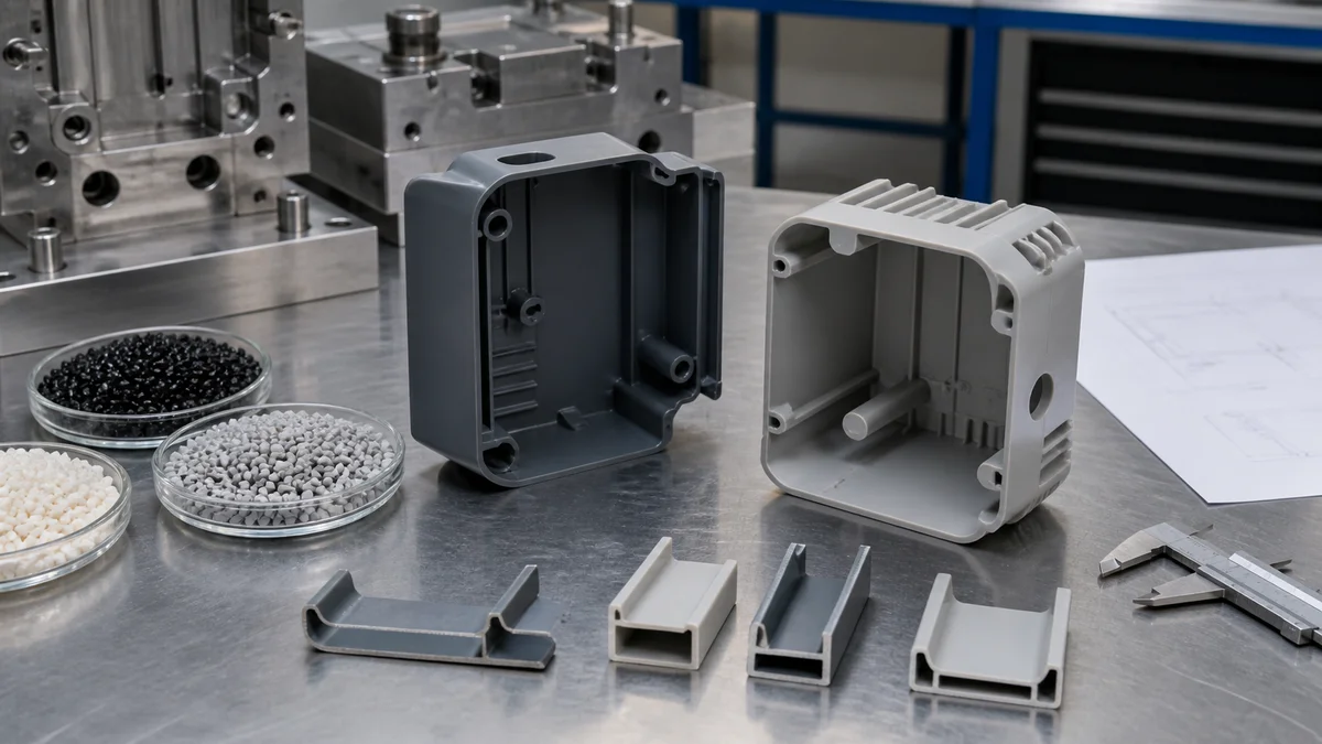 Two molded plastic parts with different wall sections displayed beside resin pellets and a steel mold insert.