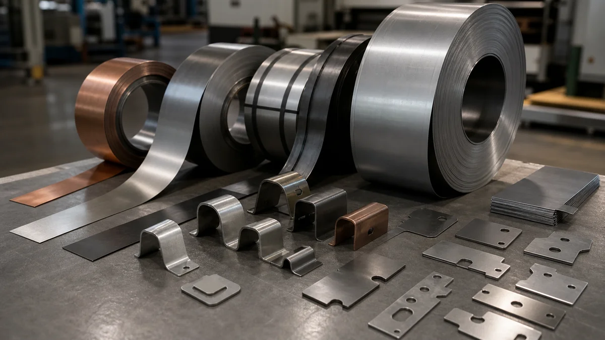Coil Material and Formed Samples Metal coil samples, thickness strips, bent coupons, and stamped parts arranged for material review.