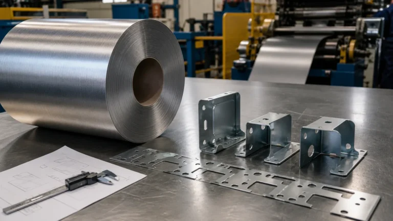 Metal coil, progressive strip, and stamped brackets arranged on an inspection table.