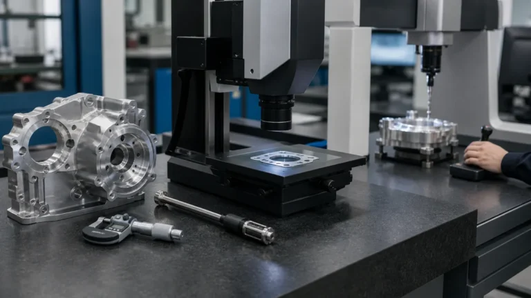Machined metal parts arranged with hand gauges, a vision inspection system, and a coordinate measuring machine.