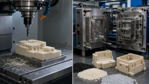 CNC-machined plastic block beside an injection mold, resin pellets, and molded plastic housings.