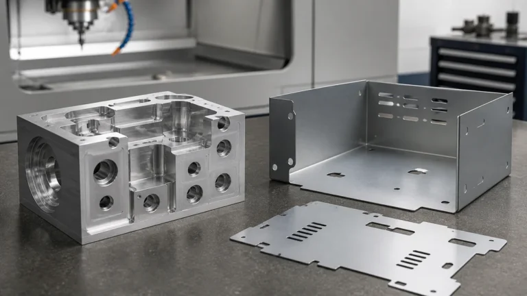 CNC machined metal block beside a bent sheet metal enclosure and flat blank on an inspection table.