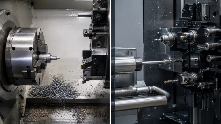 Side-by-side machine interiors showing a short part in conventional turning and slender bar supported near a Swiss machining cut.