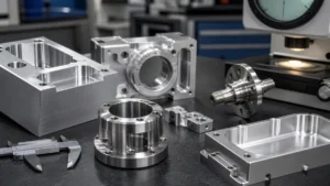 CNC machined metal parts with different edge conditions arranged on a clean inspection table.