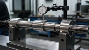 Turned steel shaft supported on an inspection bench with a dial indicator contacting one bearing journal.