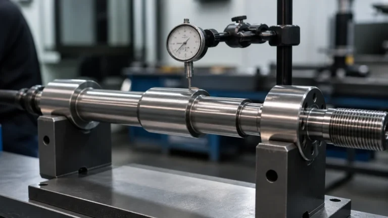 Turned steel shaft supported on an inspection bench with a dial indicator contacting one bearing journal.